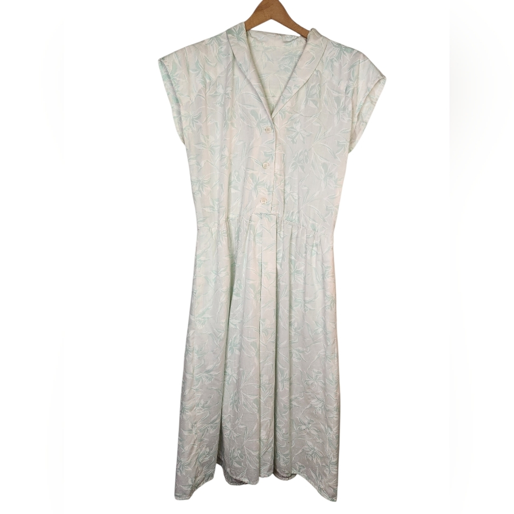 Vintage Style Handmade Mint Green Floral Shirtdress Elastic Waist Midi